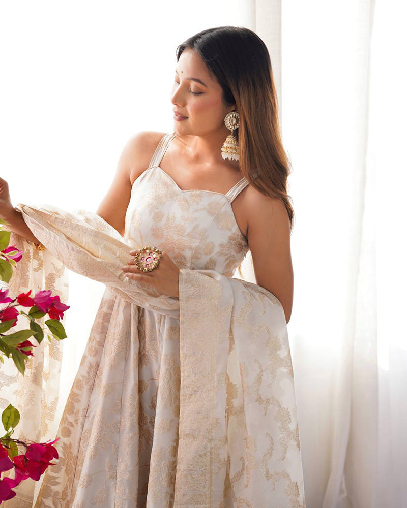 Off-White Color Banarasi Jacquard Silk Anarkali Suit