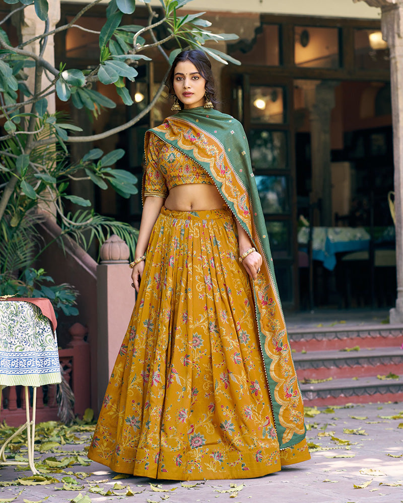 Mustard Color Tasar Silk Foil Printed Lehenga Choli