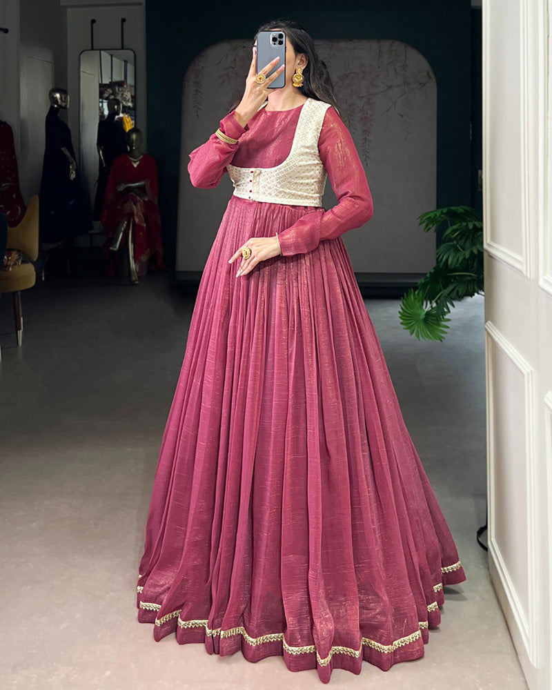 Designer Pink Color Silver Glossy Gown