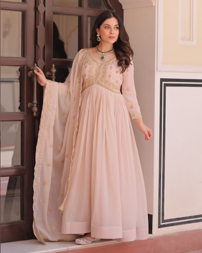 Designer Cream Color Star Georgette Embroidered Gown