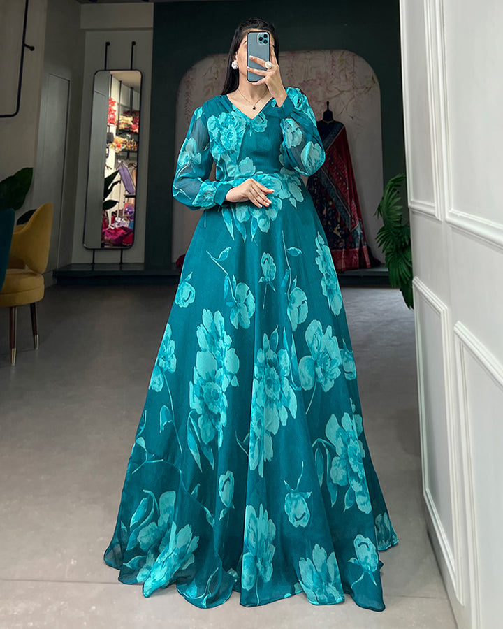 Firozi Color Soft Chiffon Floor Length Anarkali Gown