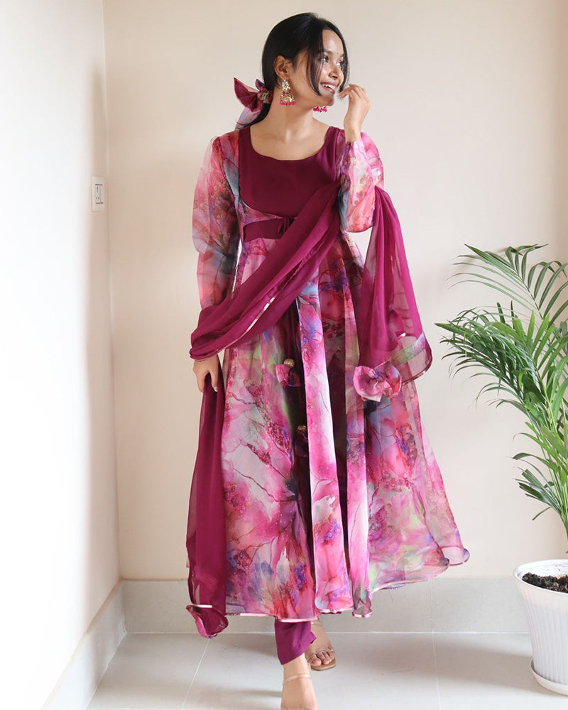 Rose Pink Color Amazing Print Organza Anarkali Suit With Pent & Dupatta