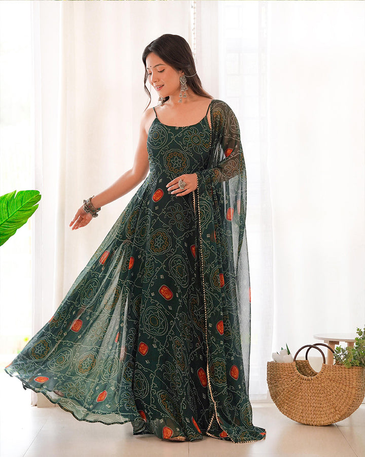Floral Dark Green Color Soft Chiffon Anarkali Gown With Dupatta