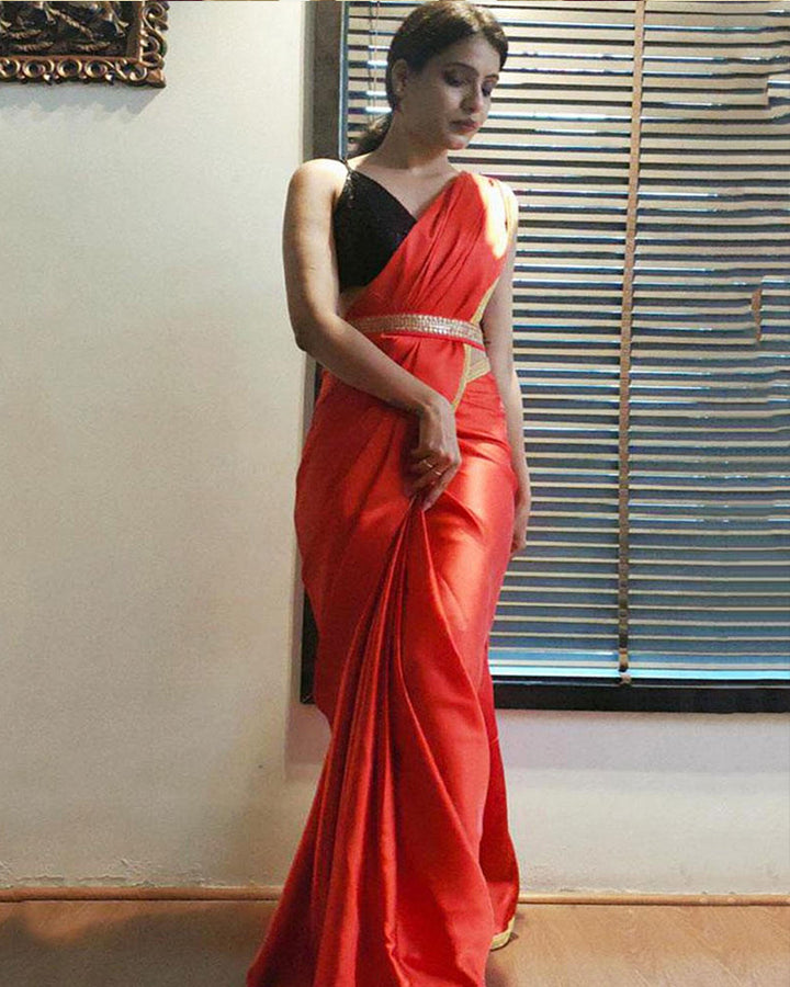 Red Satin Silk Festive Ready To Wear Saree With Belt