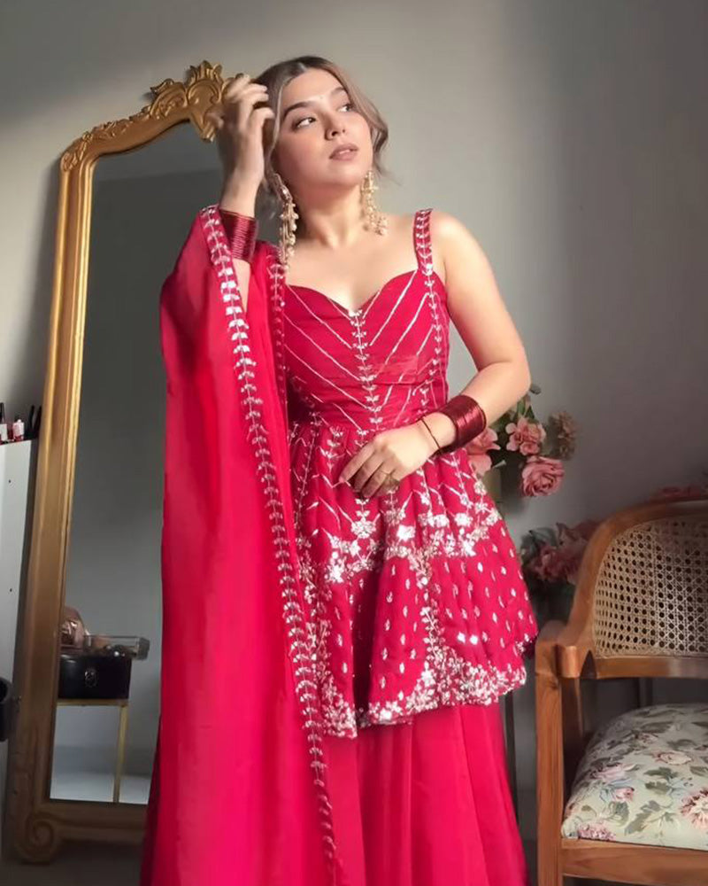 Rani Pink Color Faux Blooming Plazzo Suit