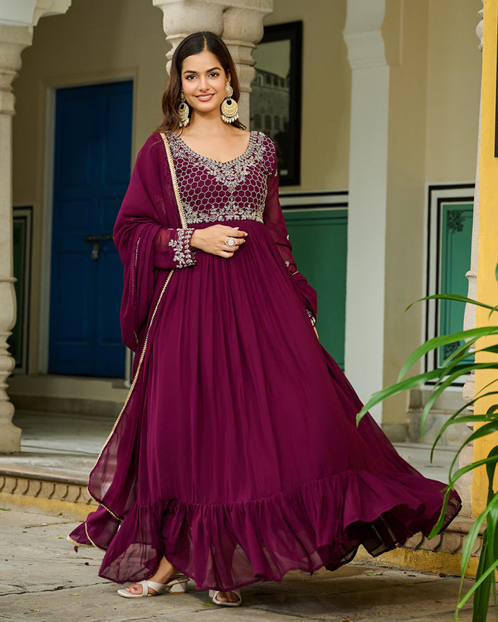 Designer Wine Color Faux Blooming Embroidered Gown