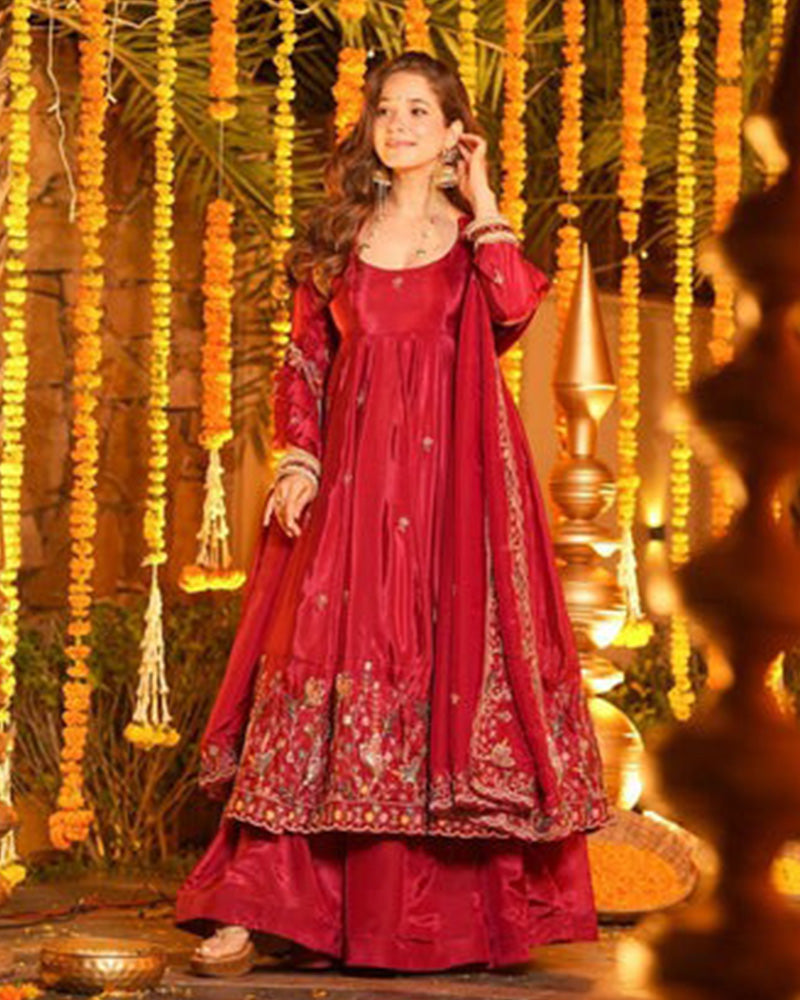Red Color Crunchy Silk Embroidered Sharara Suit
