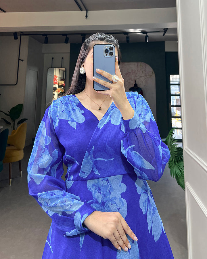 Royal Blue Color Soft Chiffon Floor Length Anarkali Gown