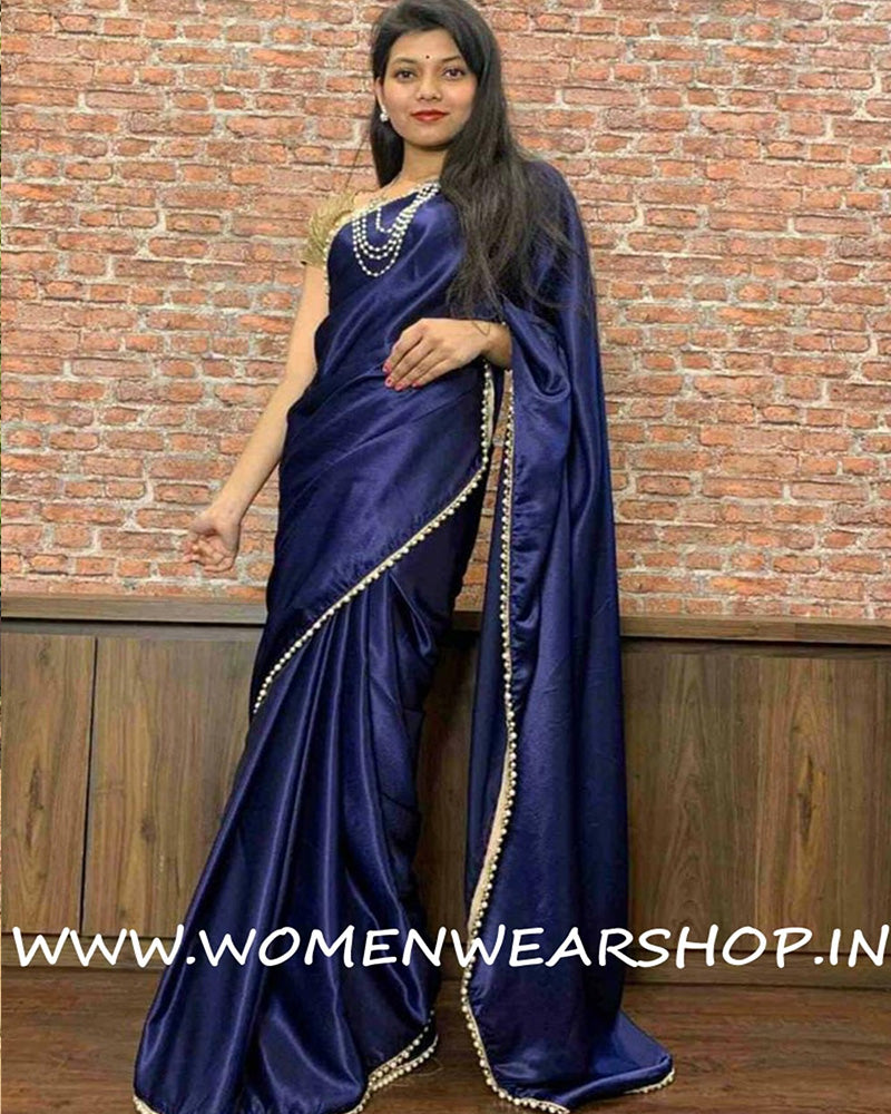 Blue Satin Silk With Pearl Border Ready To Wear Saree