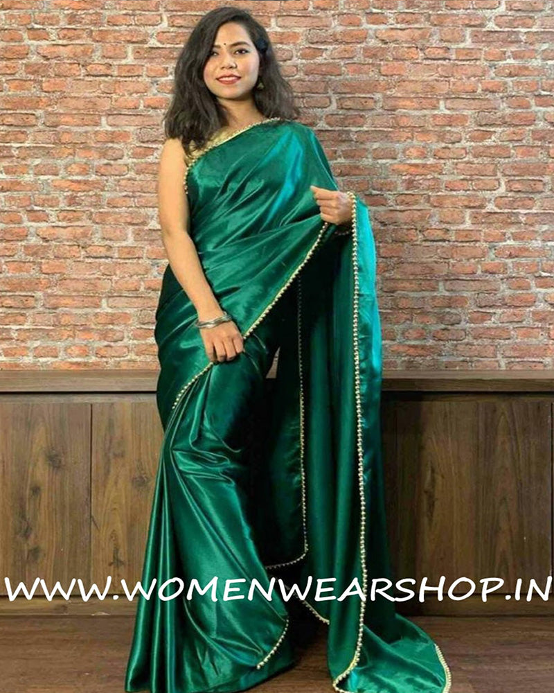 Green Satin Silk With Pearl Border Ready To Wear Saree
