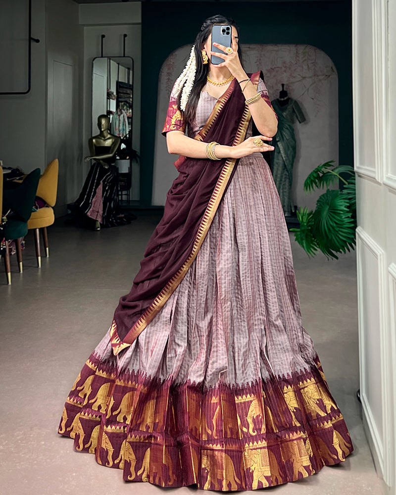 Dusty Luvender Color Poly Cotton Chex Onam Half Saree