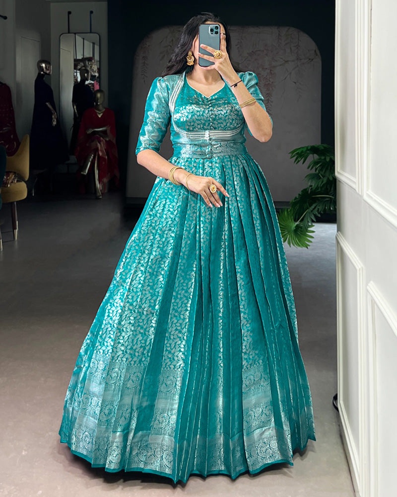 Designer Firozi Color Kanjivaram Gown