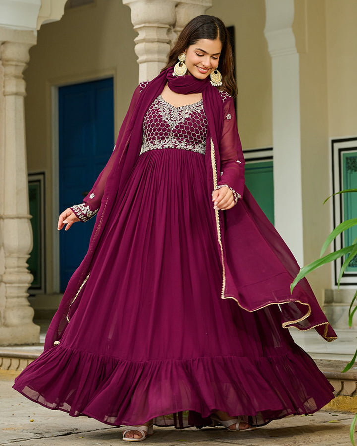 Designer Wine Color Faux Blooming Embroidered Gown