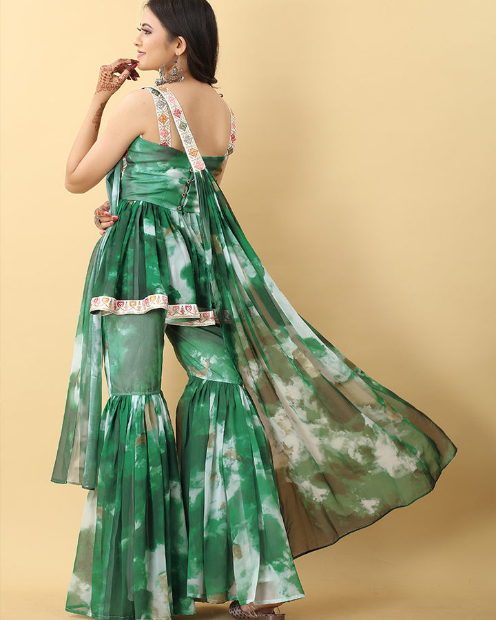 Green Color Faux Georgette Three Piece Sharara Suit