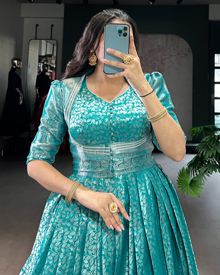 Designer Firozi Color Kanjivaram Gown