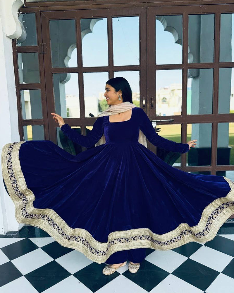 Navy Blue Color Pure Viscose Velvet Anarkali Suit
