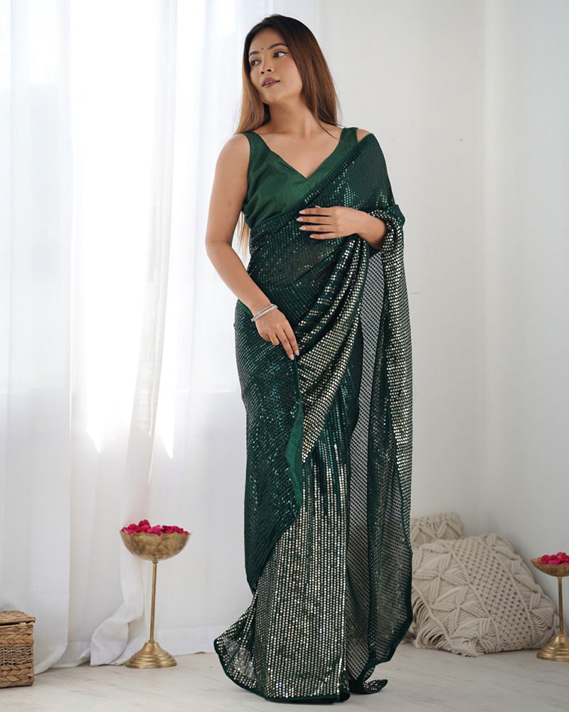 Green Color Heavy Georgette Sequence Embroidered Saree