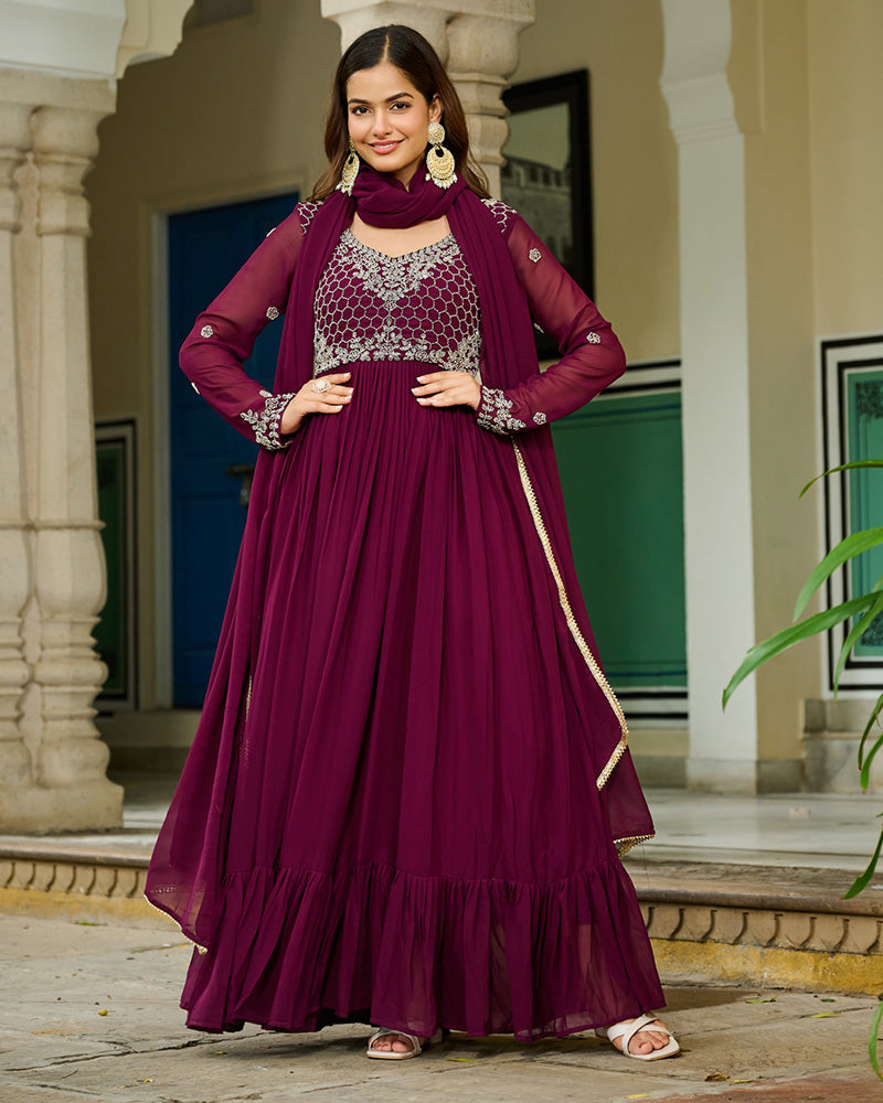 Designer Wine Color Faux Blooming Embroidered Gown