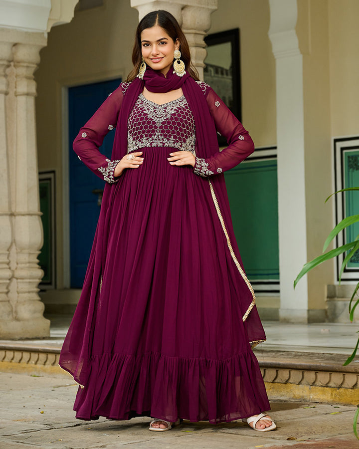 Designer Wine Color Faux Blooming Embroidered Gown