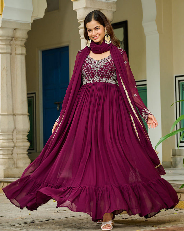 Designer Wine Color Faux Blooming Embroidered Gown