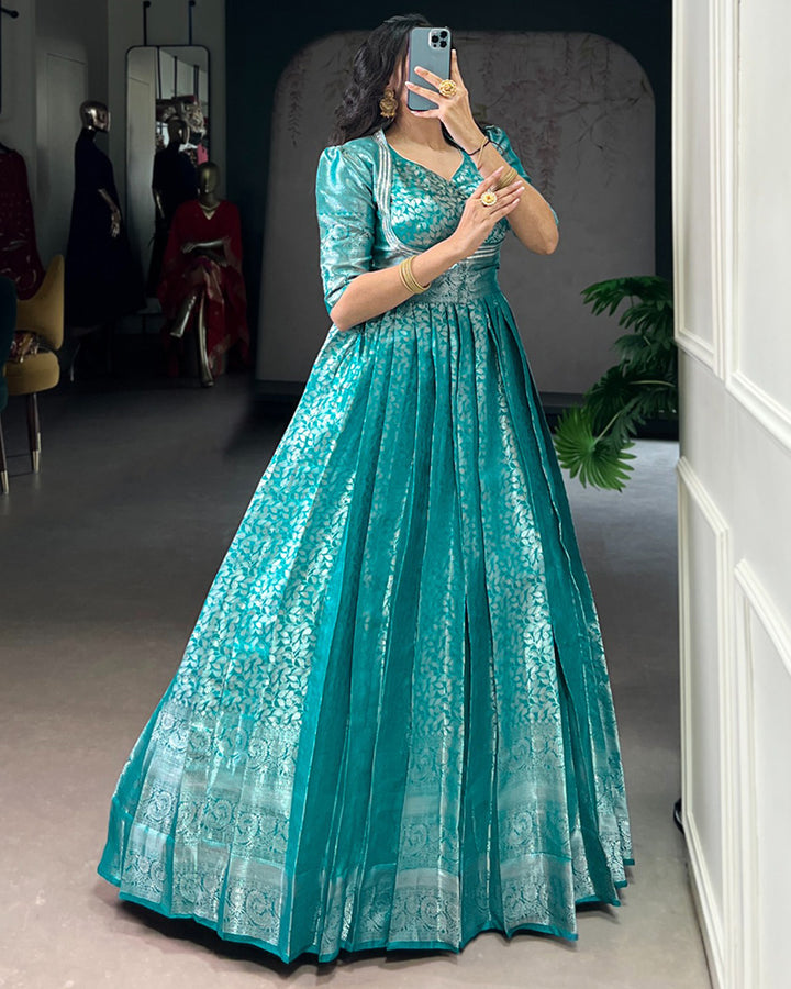 Designer Firozi Color Kanjivaram Gown