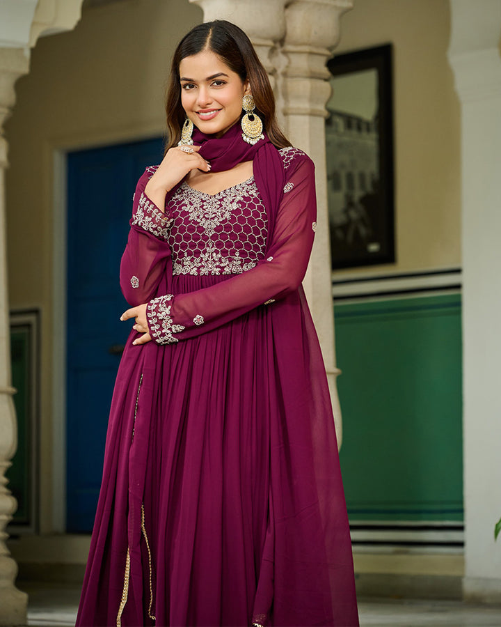 Designer Wine Color Faux Blooming Embroidered Gown
