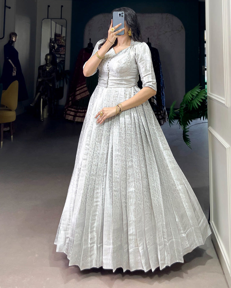 Designer White Color Kanjivaram Gown