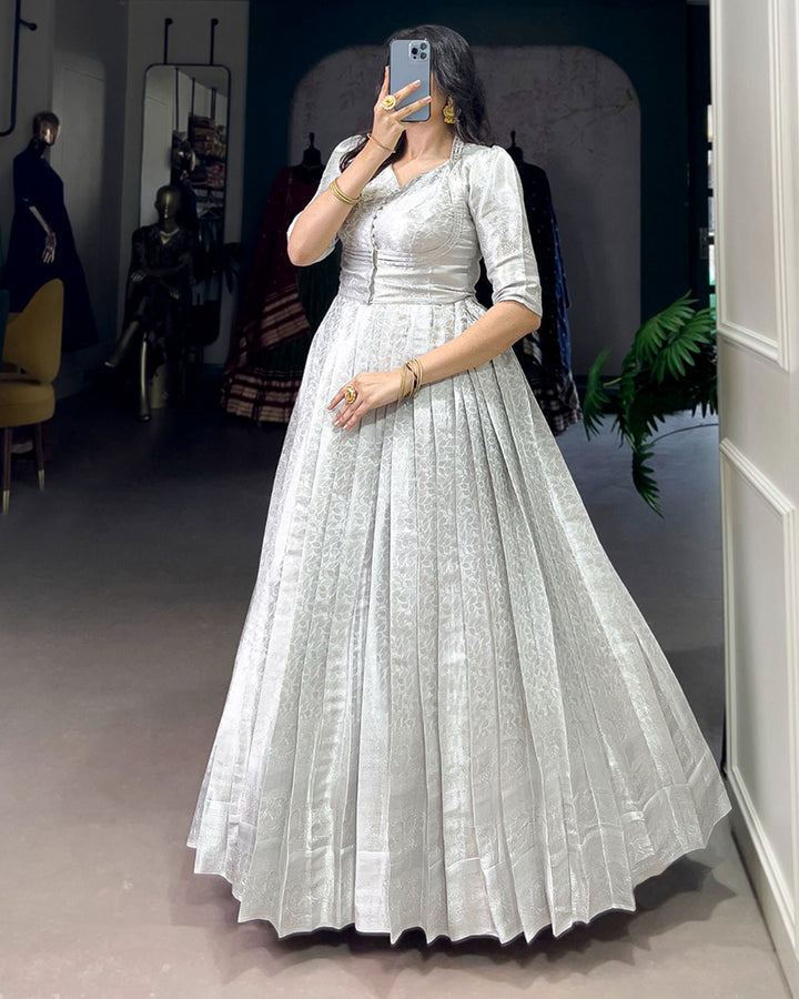 Designer White Color Kanjivaram Gown