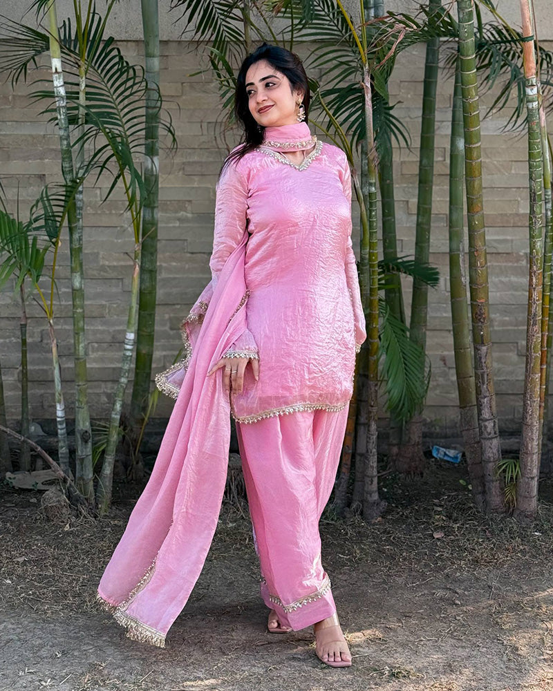 Baby Pink Color Fendi Satin Silk Farshi Salwar Suit