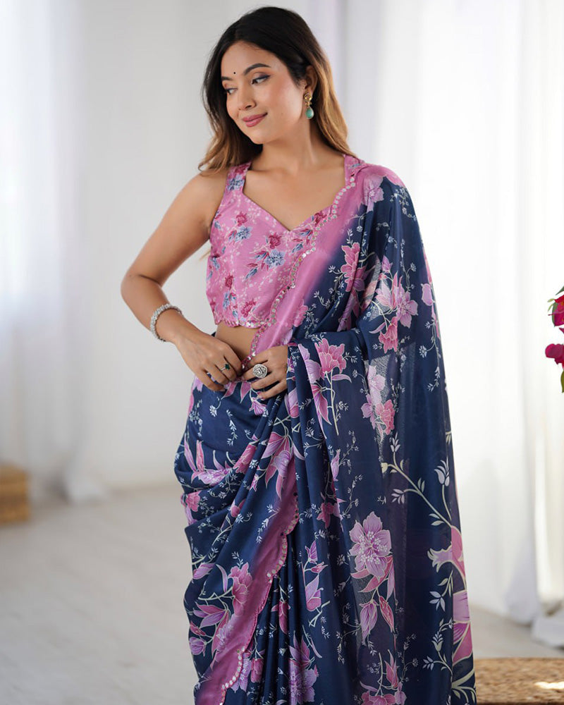 Navy Blue Color Chinnon Silk Digital Printed Saree