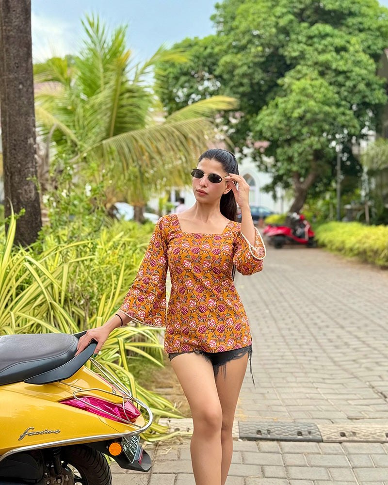Mustard Color Pure Cotton Lotus Printed Tunic