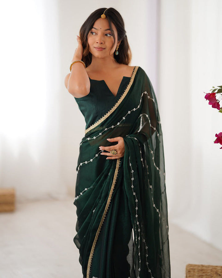 Mehndi Color Smooth Sitara Embroidered Saree