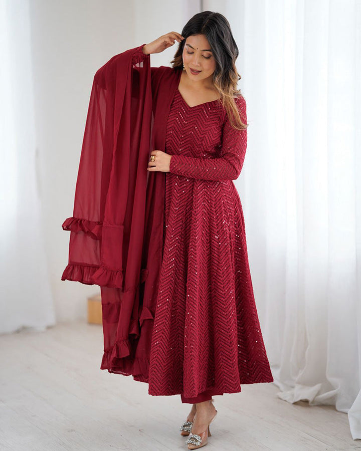 Maroon Color Georgette Lucknowi Three Piece Anarkali Suit