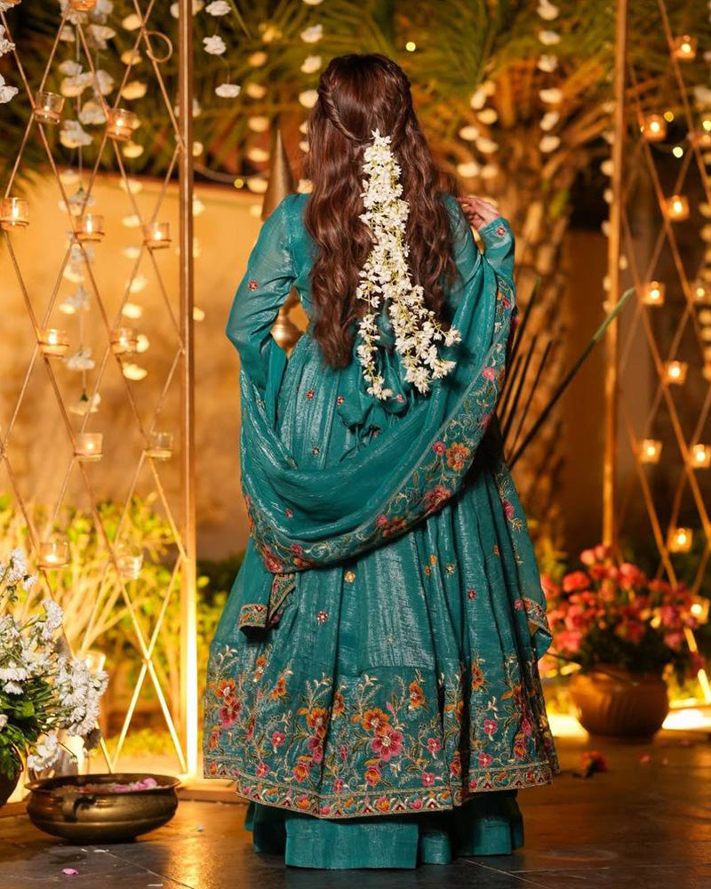 Teal Green Color Crunchy Silk Embroidered Sharara Suit