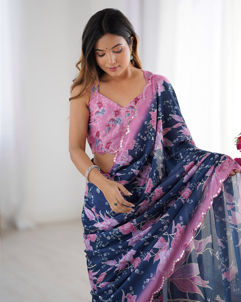 Navy Blue Color Chinnon Silk Digital Printed Saree