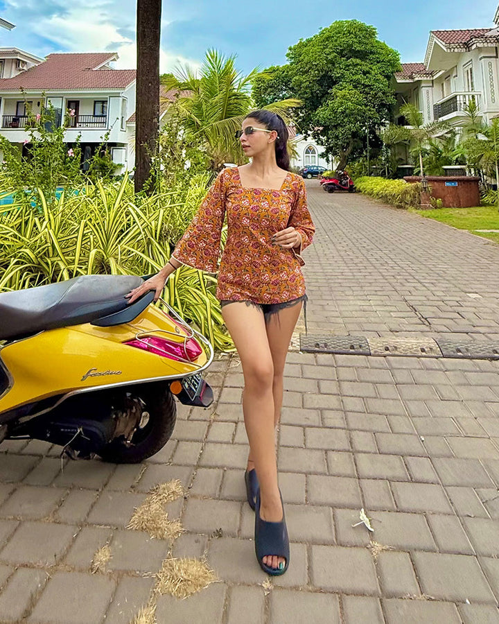 Mustard Color Pure Cotton Lotus Printed Tunic