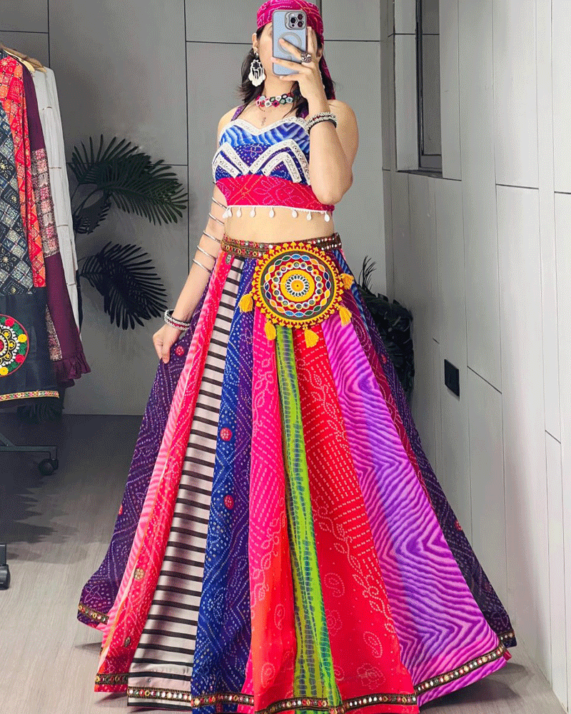 Multi Color Faux Georgette Printed Navratri Lehenga Set