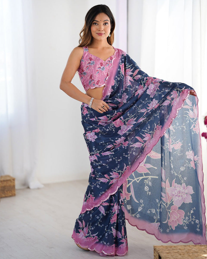 Navy Blue Color Chinnon Silk Digital Printed Saree