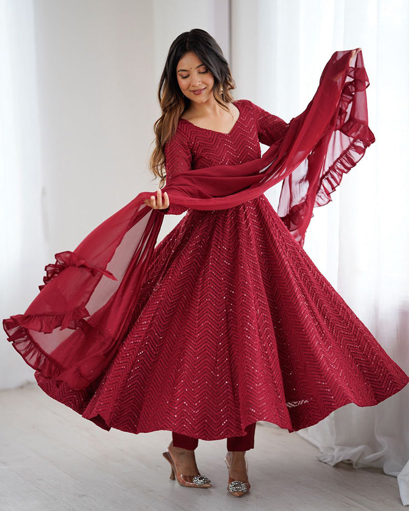 Maroon Color Georgette Lucknowi Three Piece Anarkali Suit