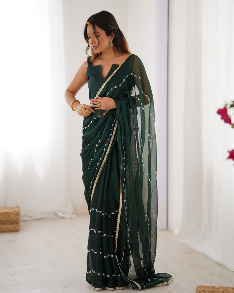 Mehndi Color Smooth Sitara Embroidered Saree