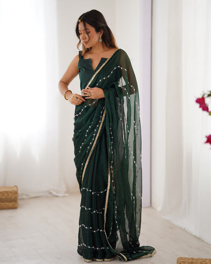 Mehndi Color Smooth Sitara Embroidered Saree