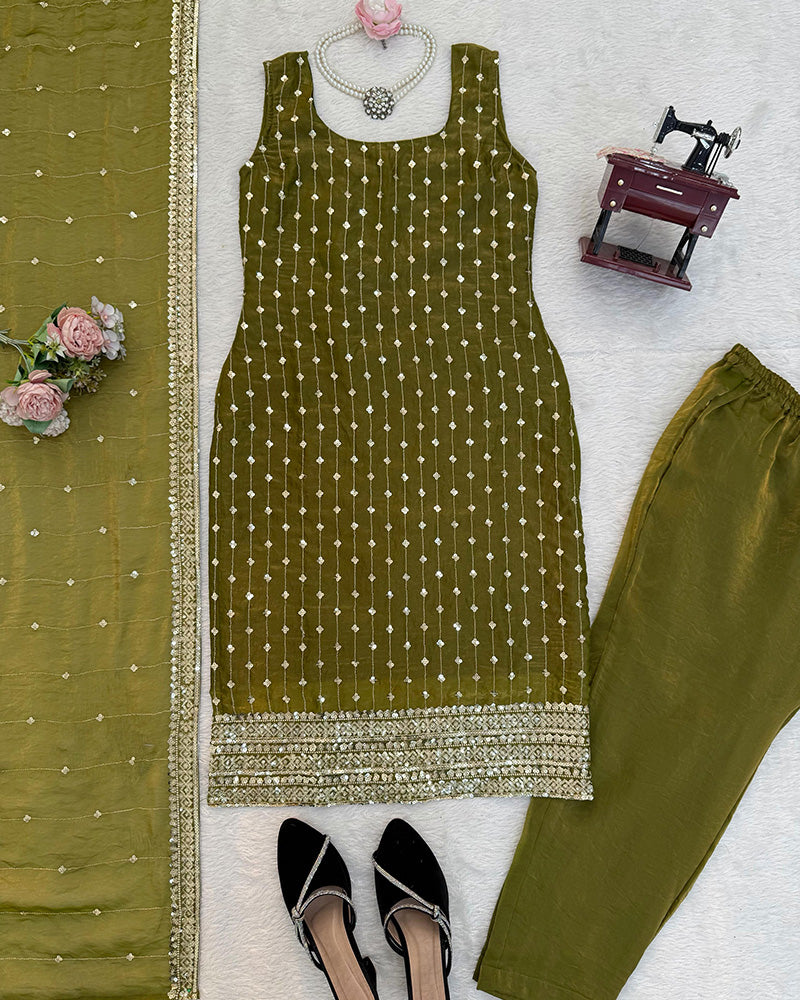 Mehndi Color Fendy Silk Embroidered Kurti Suit