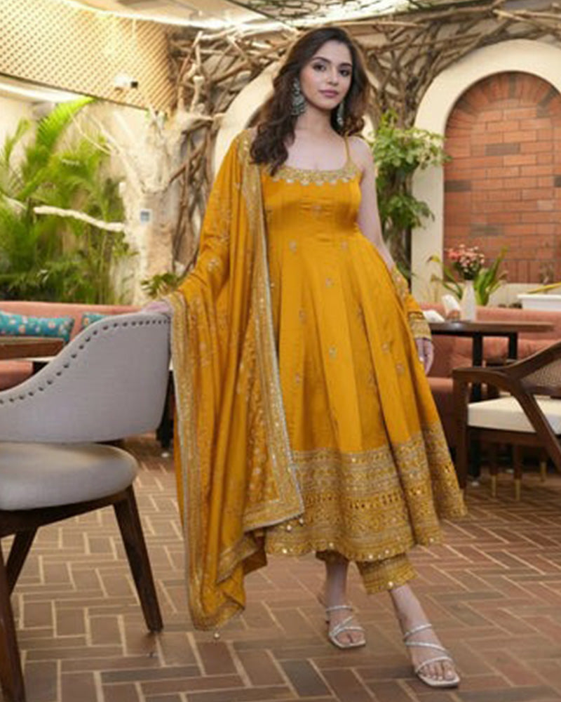 Yellow Color Vichitra Silk Embroidered Anarkali Suit