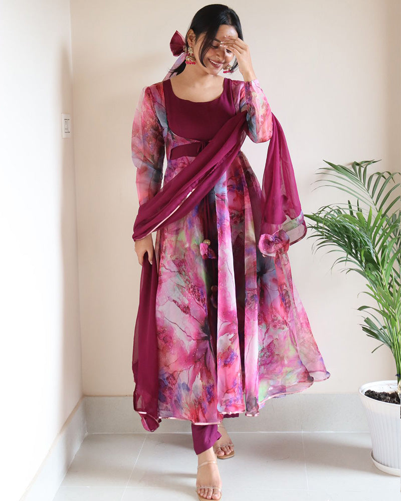 Rose Pink Color Amazing Print Organza Anarkali Suit With Pent & Dupatta