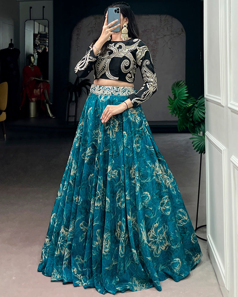 Blue Color Tasar Silk Printed Embroidered Lehenga Choli
