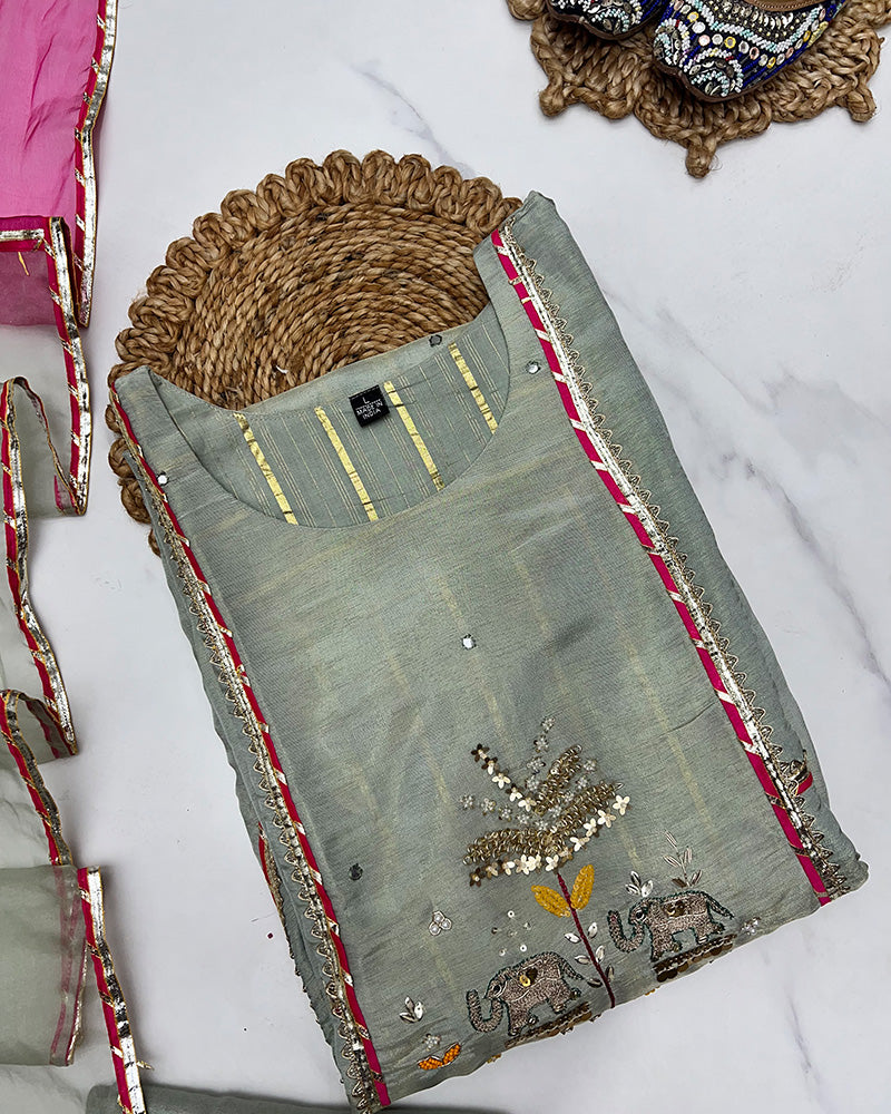 Pista Color Shimmer Silk Three Piece Kurti Suit