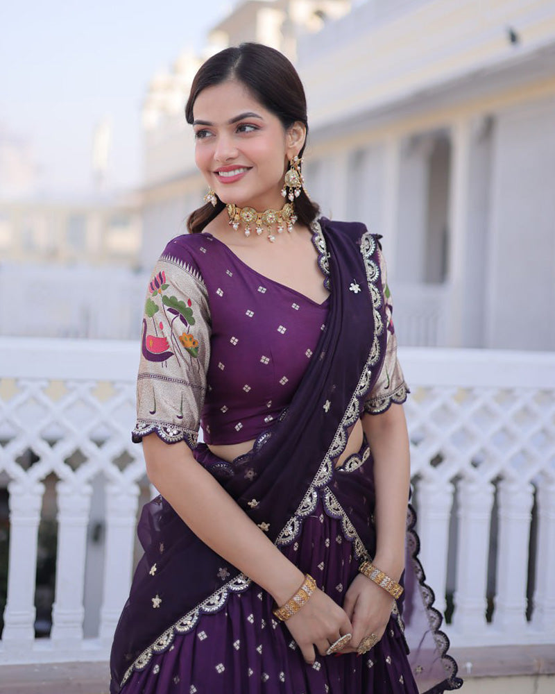 Wine Color Dola Silk Embroidered Lehenga Choli