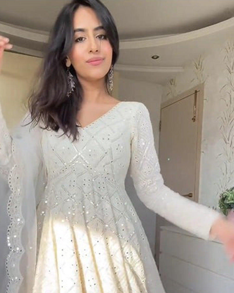 White Color Pure Georgette Embroidered Gown