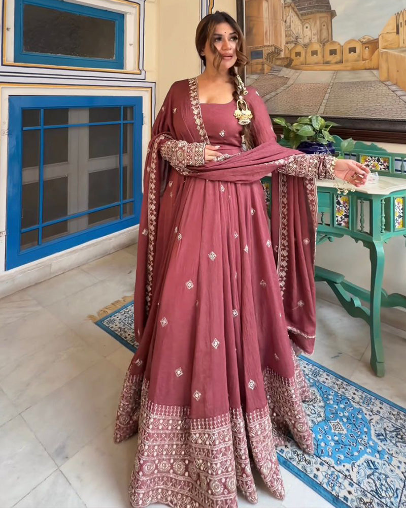 Crimson Color Pure Mul Chanderi Silk Embroidered Gown