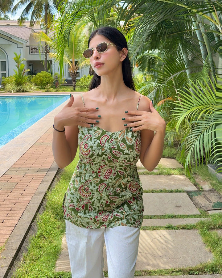 Mehndi Color Pure Cotton Flower Printed Tunic